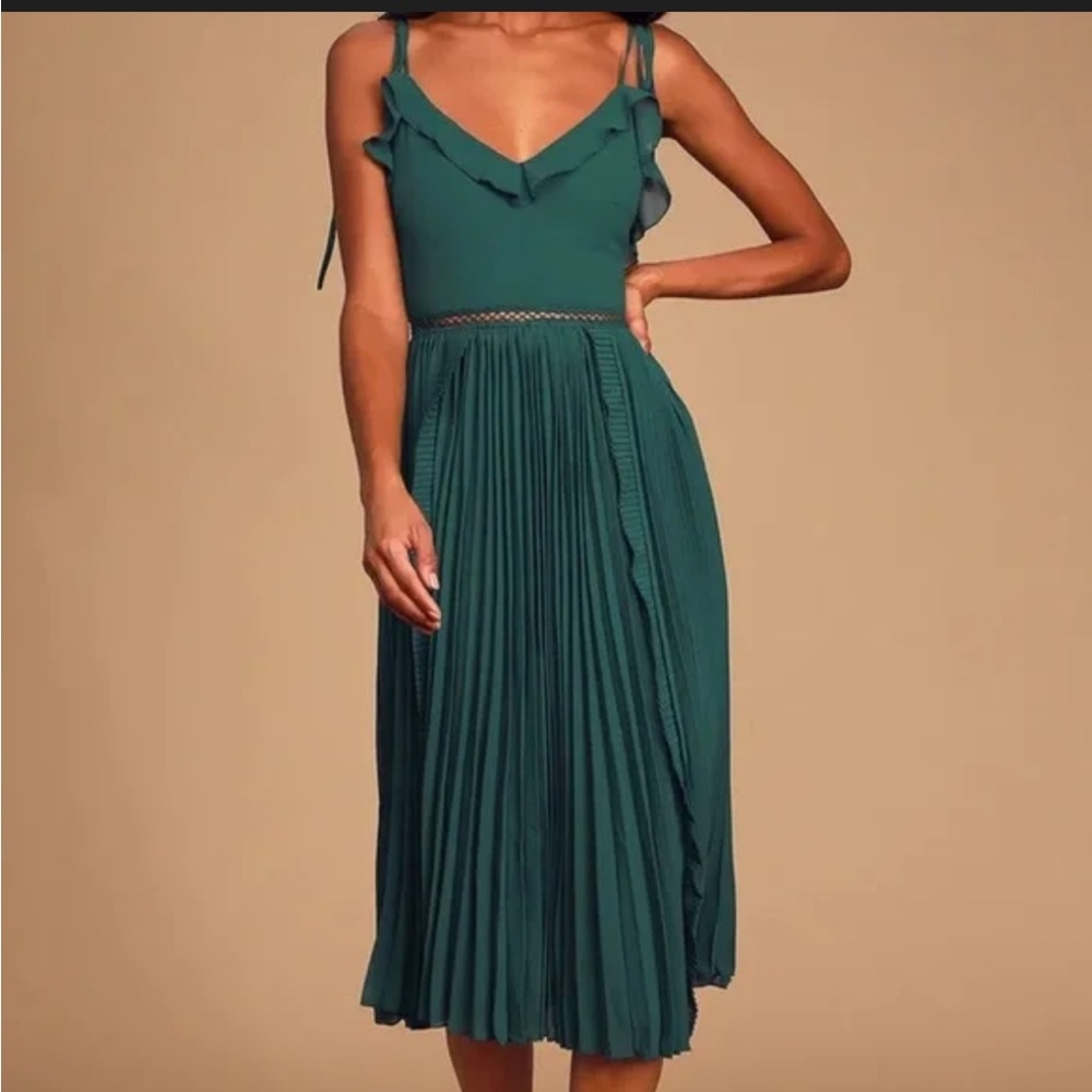 Lulus Never a Dull Moment Emerald Green Tie-Strap Pleated Midi Dress XXS - Picture 2 of 11